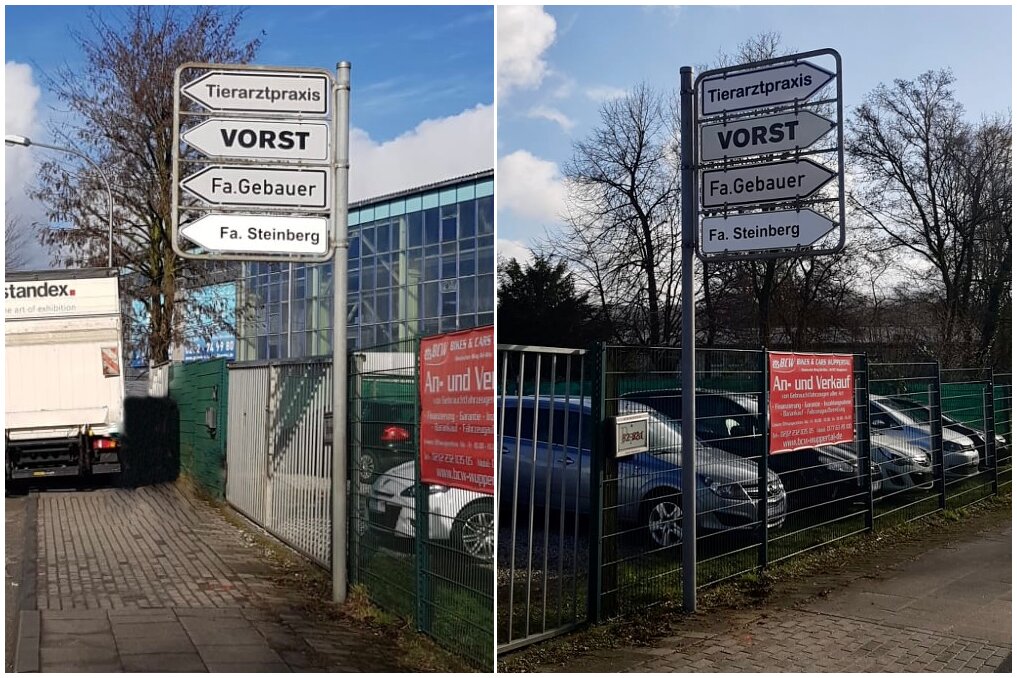 Wegweiser der Stadt Wuppertal zur Tierarztpraxis am Katernberg