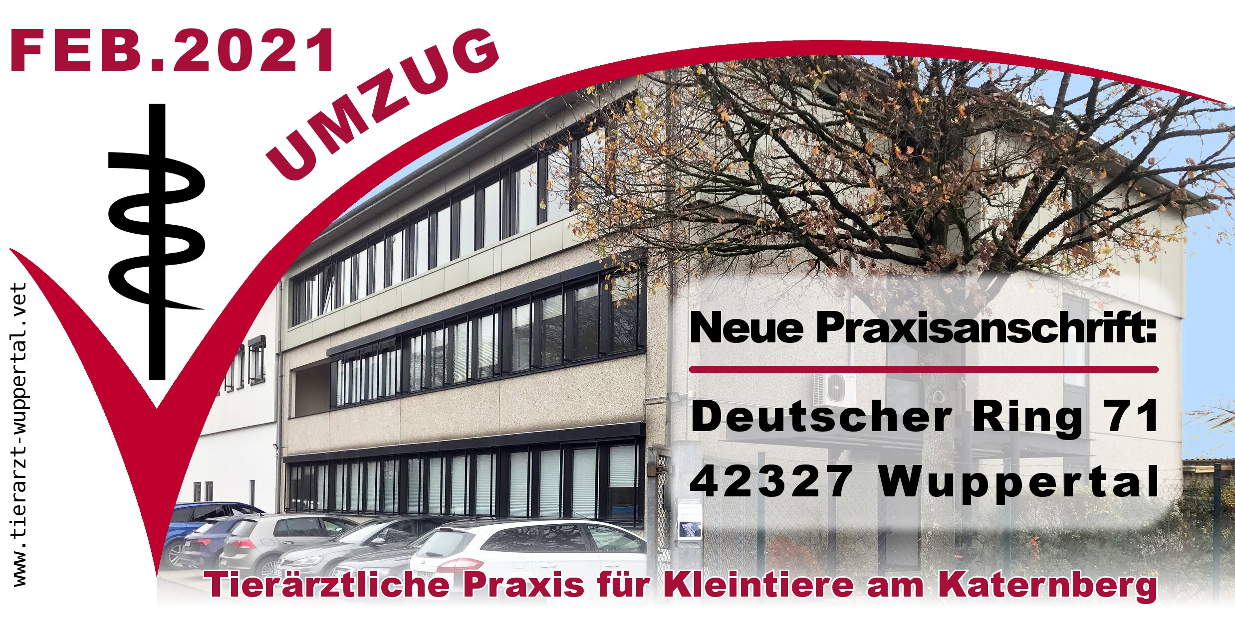 Umzug der Tierarztpraxis im Februar 2021 zu Adresse: Deutscher Ring 71, 42327 Wuppertal